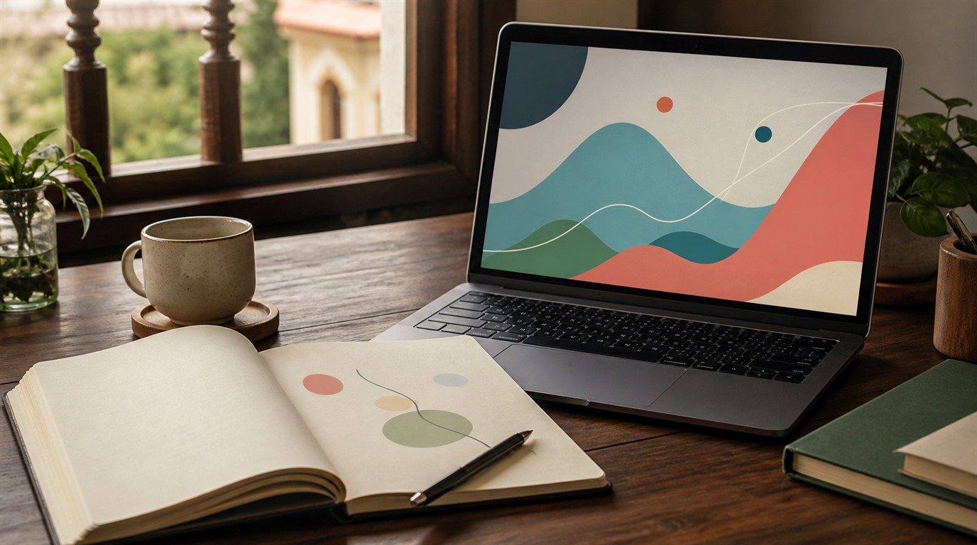A study desk with an abstract non-readable chart on a laptop