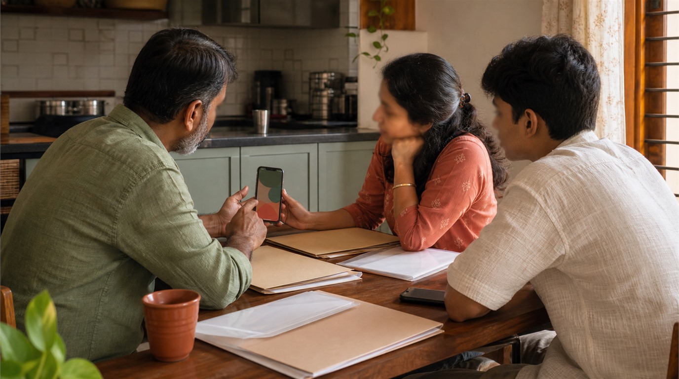 A family reviewing household papers around a kitchen table