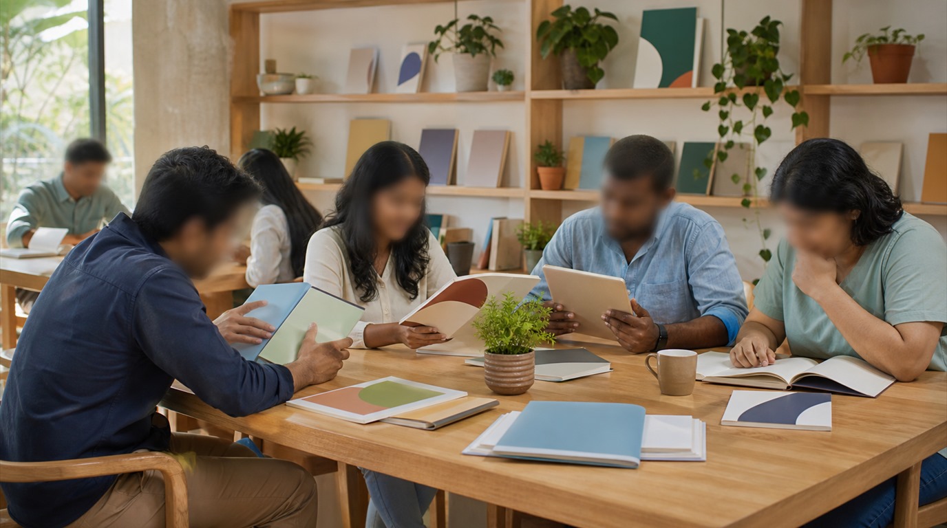 Adults learning together in a bright community reading area