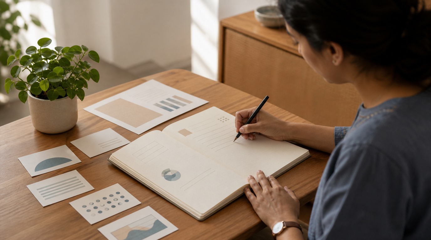 A learner studying a notebook at home beside a small plant