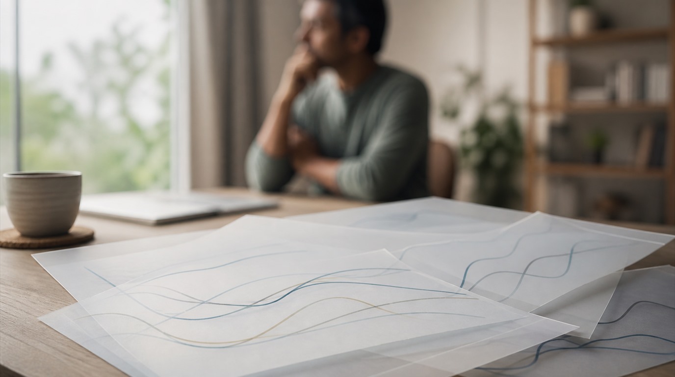 Layered abstract chart papers on a desk with a person in the background