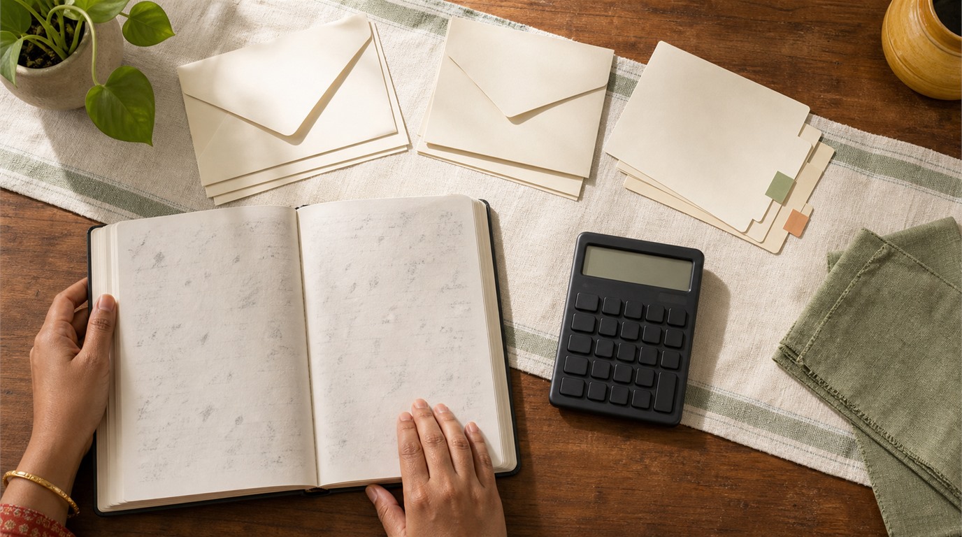 A personal money notebook, folders and a calculator on a table