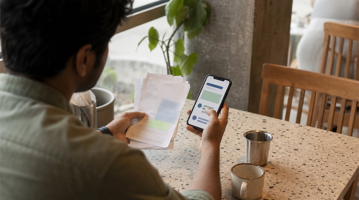 A reader comparing source notes and a generic phone screen