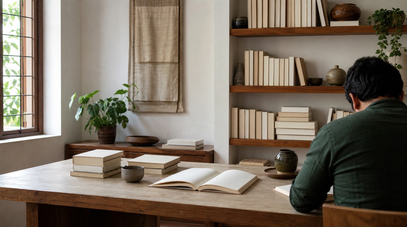 A quiet independent learning studio with a desk and books