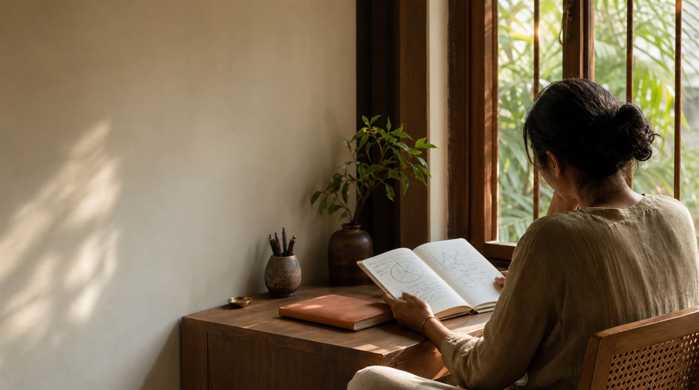 A reader at a bright desk reviewing a notebook and a simple chart